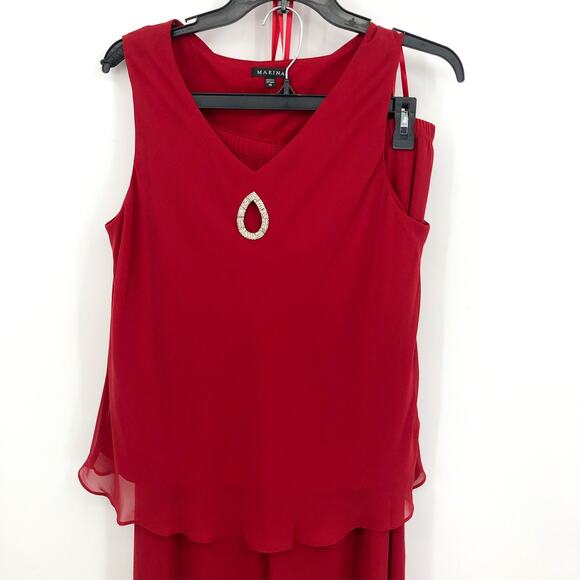 MARINA Womens V-Neck 3-Piece Pant Set Size 10 Red Cranberry Chiffon NWT - Picture 6 of 14